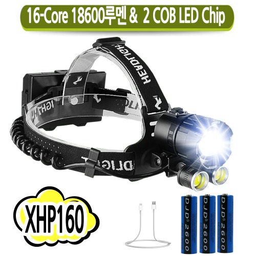 XHP160 LED 2 COB 충전식 줌 랜턴 헤드랜턴 18600루멘 P190